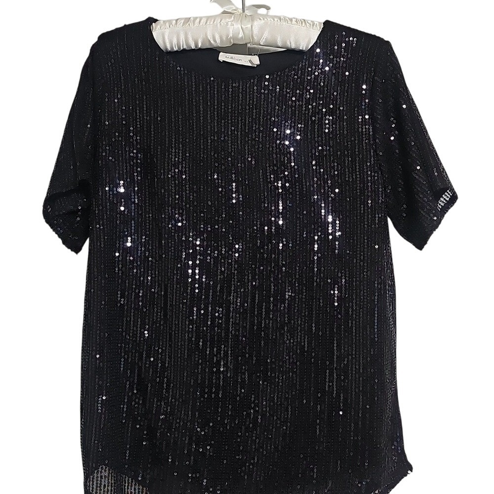 Party Top Sequin Embellished Black Shirt Size S EUC‎